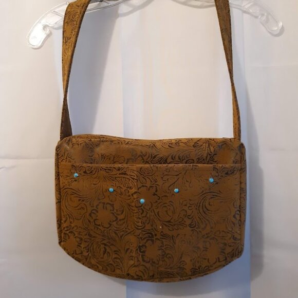 NEW Western Tooled Floral Faux Leather Satchel Shoulder Bag Rich Brown Turquoise - Picture 1 of 11